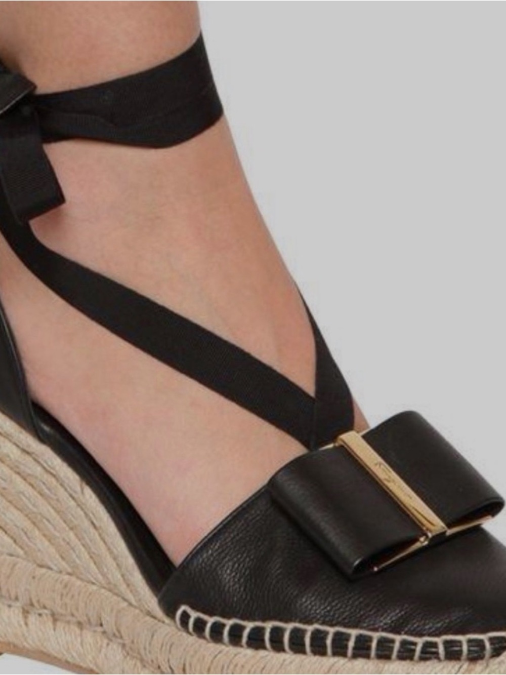 Salvatore Ferragamo Black Leather Geranio Espadrille Wedges with Ribbon Tie - Picture 8 of 10